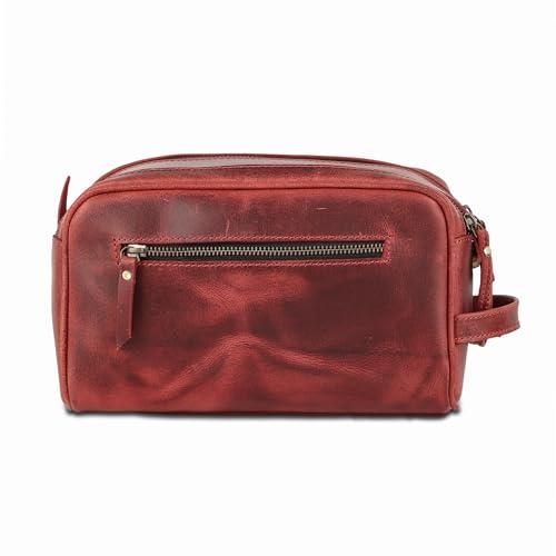 KomalC Leather Toiletry Bag for Men & Women – Handcrafted Travel Grooming Kit with Water-Resistant Lining and Secure Zipper Closure - style: 1 Zip Classic Red