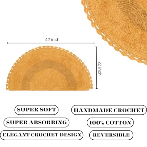 Half Circle Bohemian Bathroom Rug with Handwoven Chrochet Border, Beautifully Handcrafted 100% Cotton Mat - 22x42", Round Boho Bedroom Rug, Boho Bathroom Décor, Machine Washable - Honey Mustard - color: Mustard, size: 1'10" x 3'6" (Semicircular)
