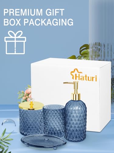 Haturi Blue Bathroom Accessories Set, 4Pcs Glass Bathroom Accessory Set Complete w/Lotion Soap Dispenser, Toothbrush Holder, Qtip Holder, Soap Dish, Blue Bathroom Decor Sets, Gift for Home Apartment - style: Navy Blue