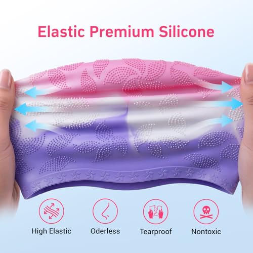 Women Swim Cap 2 Pack for Long Hair, Silicone Flower Adult Swimming Caps Waterproof for Girl Youth No Wet Hair - color: Pink & Purple