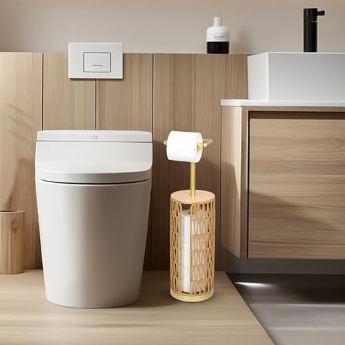 Trongee Freestanding Toilet Paper Holder with Storage,3 Rolls of Boho Toilet Paper Holder Stand with Lid,Gold Toilet Tissue Holder Stand Rattan Paper Storage Wicker Toilet Roll Holder Basket - color: U-gold