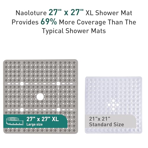 Large Square Shower Mat 27 x 27 Inch Clear Gray, Non Slip Shower Bathtub Mats for Inside Shower with Big Suction Cups Drain Holes, Anti Slip Bathroom Floor Stall Mats, Easy Clean, BPA-Free - color: Clear Grey