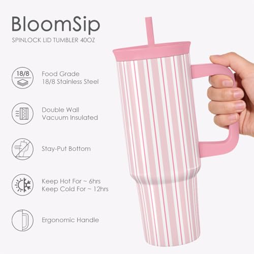 SANDJEST Stripe Stainless Steel Locking Lid Silicone Straw Tumbler with Handle 40oz, Insulated Stainless Steel Travel Cup for Women Girls Friends, Gift Idea for Birthday Summer Vacation (Pink) - color: Pink Stripes