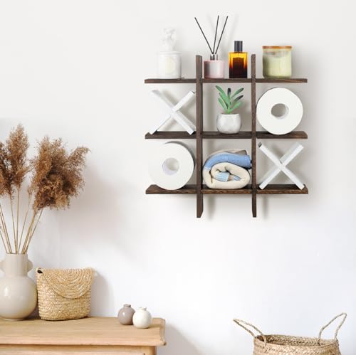 Weysat Tic Tac Toe Toilet Paper Holder Stand Bathroom Wall Decor Rustic Wooden Hanging Storage Freestanding Wall Mounted Shelves Decor for Toilet Tissue Farmhouse - color: White, Dark Brown