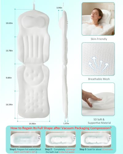 Full Body Bath Pillow for Bathtub, 5D Thick Tub Pillow for Bathtub with 192 Non-Slip Suction Cups, Laundry Bag & Hook, Bathtub Pillow for Head, Neck & Back Support (White, 51"*15") - color: White