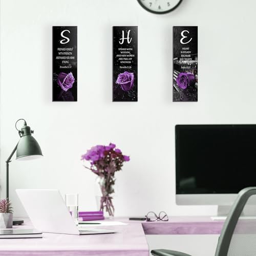 3 Pieces Purple Bedroom Decor Purple Rose Women Bedroom Wooden Purple Bathroom Inspirational Office Decor With SHE Religious Words For Women Kitchen Home(12x Inch) - color: Purple