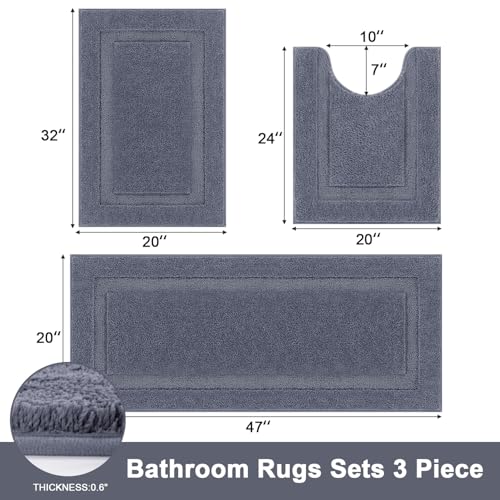 SHACOS Dark Grey Bathroom Rugs Sets 3 Piece Bath Mat U Shaped Toilet Rug | 20x47+ 20x32+ 20x24, Soft Fluffy Microfiber Bath Rugs Set, Non Slip Washable Absorbent Bathroom Runner Floor Mats Shower Rug - color: Dark Grey, size: 20"x32"+ 20"x47"+U Shape 20"x