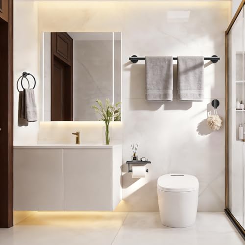 Black 5-Piece Bathroom Hardware Set, 23.6 Inch Towel Bar Set SUS304 Stainless Steel Towel Racks for Bathroom Round Towel Bar, Towel Ring, Toilet Paper Holder, 2 Robe Hooks, Wall Mounted - color: Matte Black