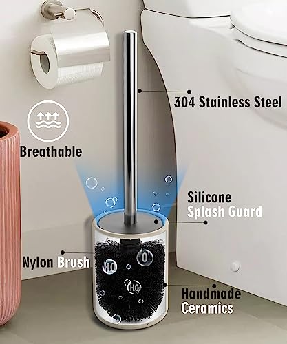 Ceramic Toilet Brush & Holder Set - Freestanding Deep-Cleaning Toilet Bowl Cleaner Brush, Stainless Steel Handle, Small & Sturdy for Storage, Easy to Clean, Non-Scratching - color: Sand
