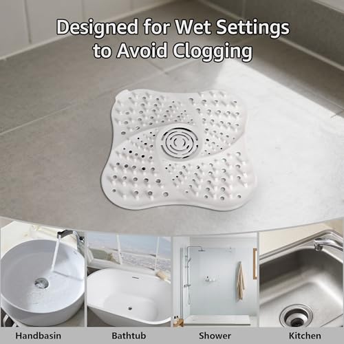 Silicone Hair Catchers Drain Screens 2-Pack, 5.31-inch Square Shower Drain Protectors Strainers with Suction Cup Suit for Showers, bathrooms, Sinks, Floor drains (White)