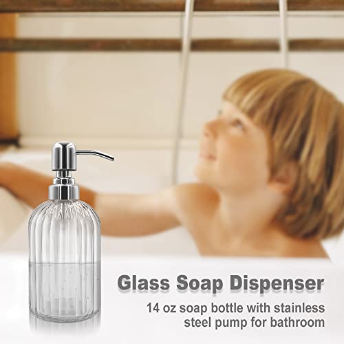 14 Oz Glass Soap Dispenser with 304 Rust Proof Stainless Steel Pump, Refillable Hand Liquid Soap Dispenser for Bathroom, Kitchen, Countertop, Laundry Room (White) - color: Clear