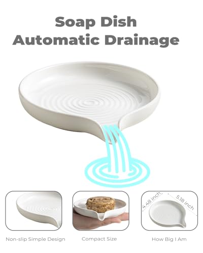 Self Draining Soap Dish, Ceramic Drain Soap Holder Waterfall Design Soap Saver for Shower, Bathroom, Sink, Kitchen and Countertop, Keeps Dry, White - color: White, size: Round
