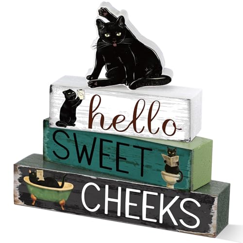 Cinnvoice 4 Pcs Black Cat Bathroom Decor Farmhouse Bathroom Decoration Hello Sweet Cheeks Table Centerpiece Gift for Christmas Valentines Back to School - style: Black Cat Hello Sweet Cheeks
