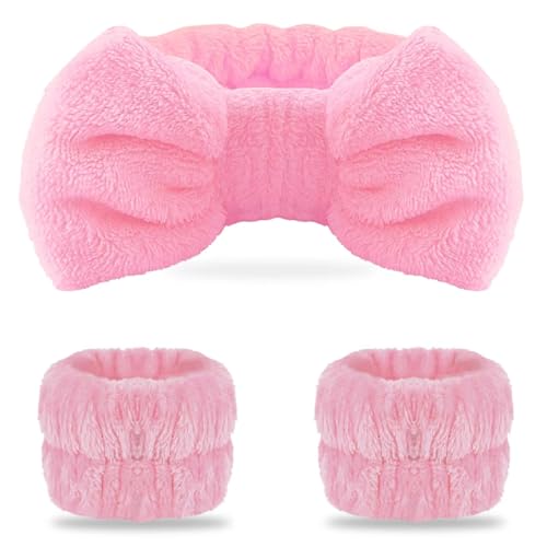 WSYUB Pink Spa Headband and Wristband Set for Face Washing - color: Pure Pink