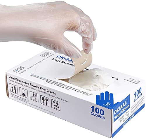 OKIAAS Disposable Gloves S, Food Safe, Bulk of 100 Pcs|Latex and Powder-Free Clear Vinyl Gloves for Cleaning, Food Prep - color: Clear - Box of 100, size: Small (Pack of 100)