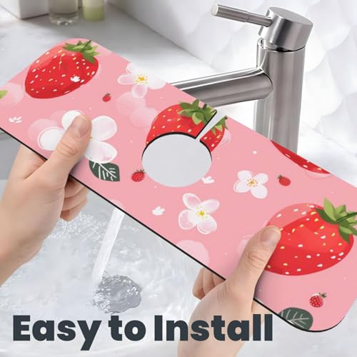 Kitchen Sink Splash Guard Faucet Mat, Pink Strawberry Cute Diatom Mud Absorbent Draining Mat For Kitchen Sink Bathroom - color: Pink Strawberry Cute, size: One Size