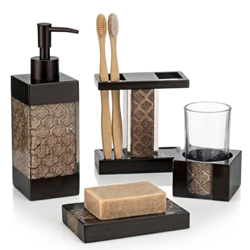 Creative Scents Dahlia Brown 4 Piece Bathroom Accessories Set | Includes Soap Dispenser, Toothbrush Holder, Tumbler Cup & Soap Dish