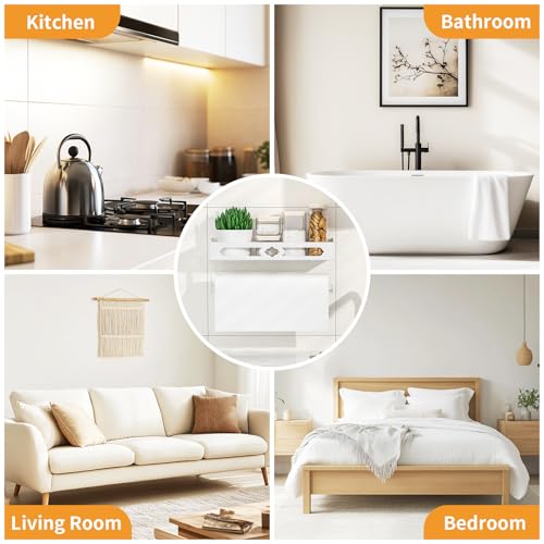 White Paper Towel Holder Wall Mount with Shelf - Adhesive Hand Towel Rack, Space-Saving for Bathroom, Kitchen, RV Camper - color: White