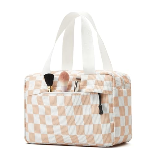Large Makeup Bag for Women Corduroy Cosmetic bag Make up Bags Zipper Pouch with handle Cosmetic Organizer Toiletry Bag for Travel Storage - color: 21-Checkered Orange White