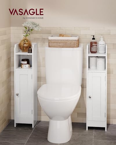 VASAGLE Small Storage Corner Floor Cabinet with Door, 7.9 x 7.1 x 31.5 Inches, Narrow Toilet Paper Storage Holder, Adjustable Shelves, for Bathroom, Living Room, Small Spaces, Cloud White UBBC310W01 - color: Cloud White, style: 1door+1open compartment (31