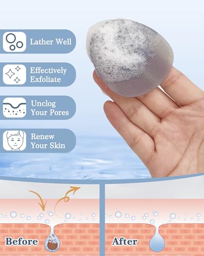 Manmihealth Silicone Back Scrubber (Thick Bristles) & Bath Glove & Face Brush Set (3PCS), Super-Exfoliating & Lathering Body Scrubber, Shower Brush, Face Scrubber Combination, with a Free Hook (Gray) - color: Gray, size: Thick Bristles Set