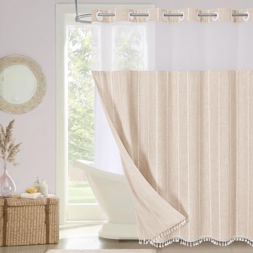 MitoVilla No Hooks Needed Farmhouse Shower Curtain with Snap-in Liner - with Window & Magnets, Boho Cotton Linen Fabric Shower Curtains with Tassels for Rustic Bathroom Decor, Beige/Cream, 72 x 74 - color: Cream - Win