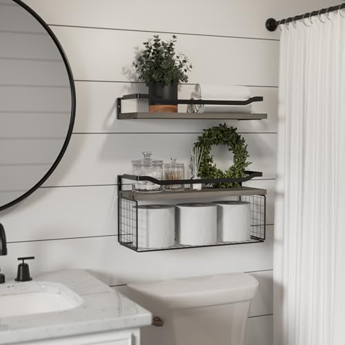 WOPITUES Floating Shelves with Wire Storage Basket, Bathroom Shelves Over Toilet with Protective Metal Guardrail, Wood Wall Shelves for Bathroom Organizers and Storage, Toilet Paper- Gray - color: Modern Grey