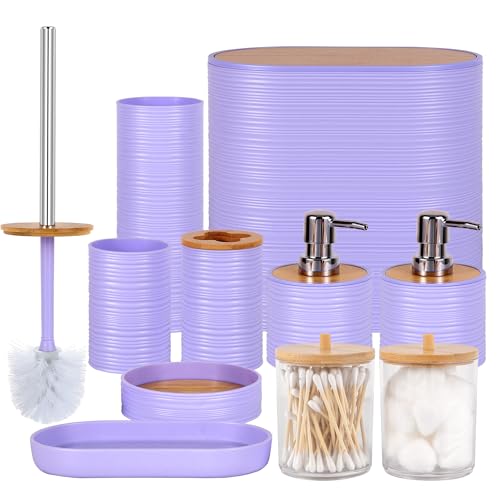 Bathroom Accessory Set,10 PCS Purple Bathroom Set with Trash Can,Toothbrush Holder,Soap Dispenser,Toothbrush Cup,Vanity Tray,Soap Dish,Toilet Brush,Qtip Holders - color: Purple