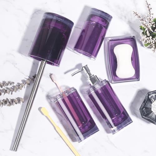 5 Pcs Purple Acrylic Bathroom Accessories Set Complete,Lotion/Soap Dispenser,Soap Dish,Toothbrush Holder, Tumbler,Toilet Brush and Holder,Modern Bathroom Decor and Housewarming Gift Set (Dark Purple) - color: Dark Purple