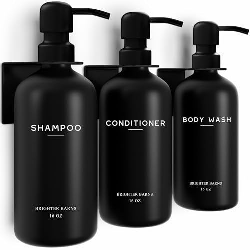 Black Shampoo and Conditioner Dispenser Set Wall Mounted by Brighter Barns - 3 Chamber No Drill Shampoo Bottles for Shower Wall - Refillable Plastic Shower Soap Dispenser for Airbnb, RV, Hotel (Black) - color: Modern (Black)