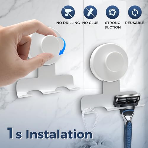 Suction Cup Razor Holder for Shower,Heavy-Duty 7KG Suction Hooks for Razor,Towel,Loofah,Removable Damage-Free Metal Shower Hook,Shaver Holder,2 Pack(Matte White) - color: Matte White