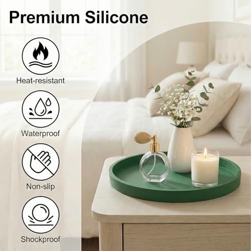 Round Tray Silicone Green, 10.6 Inch Bathroom Tray Countertop Decor, Vanity Trays for Bathroom Organizers, Waterproof Bathroom Tray for Counter, Decorative Coffee Table Tray - color: Green, size: 10.6"