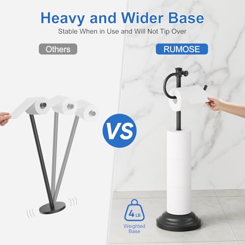 RUMOSE Toilet Paper Holder Stand for Floor, Matte Black Bathroom Free Standing Toilet Tissue Roll Holder with Storage, Adjustable 17-25 Inch, SUS304 Stainless Steel - color: Matte Black