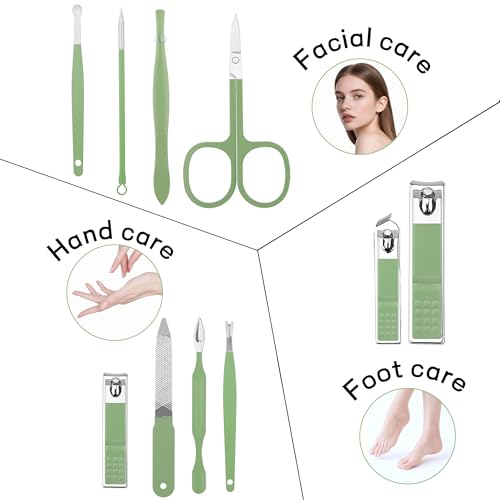 Manicure Set Gift for Women Men, Easter Basket Stuffers for Teens Boys, 10 In 1 Finger and Toe Nail Clippers Kit, Men's Grooming Pedicure Tools with Portable Travel Case, Matcha Green