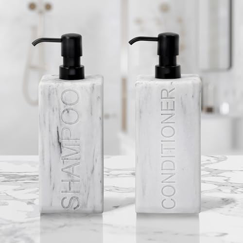 Rectangular Resin Dispenser Premium Bathroom Shampoo Conditioner Body Wash Bottle Modern Refillable Pump Design - color: Marble