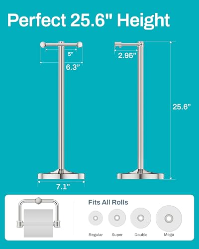 Freestanding Toilet Paper Holder, Weighted Base, No Springs, Chrome | Pivoting arm — just lift, reload, no springs. No drilling. 304 stainless steel, rustproof. Fits mega rolls, 25.6 inches. - color: Chrome