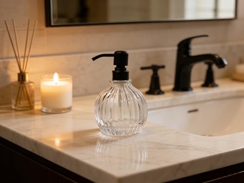 Round Soap Dispenser Bathroom with Black Pump, Glass Pump Bottle with Stainless Steel Pump Liquid Sphere Soap Dispenser Circular Countertop Kitchen - color: Black, size: 11oz-Round