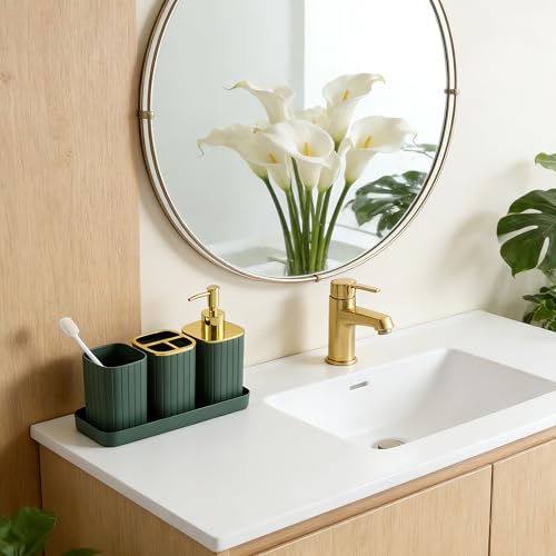 Bathroom Accessories Set-9PC Set, Complete Bathroom Decor & Home Decor, Bathroom Set with Toilet Brush, Trash Can, Soap Dispenser,Modern Home Bath Essentials (Green, Bath Set) - color: Green&gold, size: 9-Piece Bath Set