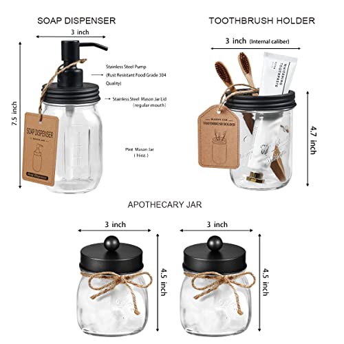 Amolliar Mason Jar Bathroom Accessories Set 4 Pcs -Lotion Soap Dispenser & 2 Cotton Swab Holders & Toothbrush Holder - Rustic Farmhouse Decor, Bathroom Home Decor, Perfect Decorating Idea (Black) - size: Black, style: Standard-mouth