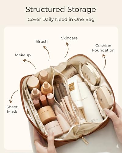 BAGSMART Makeup Bag Travel Cosmetic Bag, Large Make Up Bag Flat Open Toiletry Bag for Women, Waterproof PU Leather Travel Essentials Organizer Case, Wide-open Pouch Purse for Skincare, Brushes, Camel - color: 05- Camel