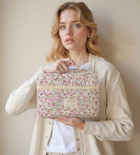 HBselect Quilted Makeup Bag, 3PCS Cotton Large Travel Makeup Bag, Cute Floral Coquette Make up Bag Cosmetic Bag Toiletry Bag for Women Girls - color: A-3PCS-Floral 19