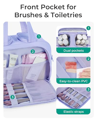 BAGSMART Travel Toiletry Bag, Crush Toiletry Bag for Women, Wide-open Puffy Toiletry Bags for Traveling, Large Travel Cosmetic Makeup Bag Organizer for Accessories,Toiletrie, Purple - color: d-Light Purple