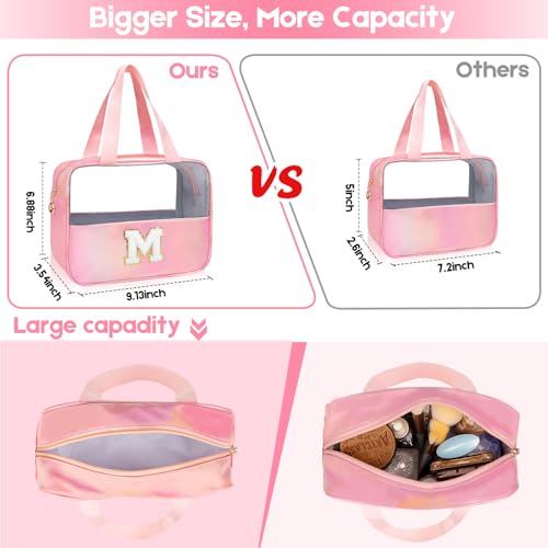 Personalized Initial Clear Makeup Bag Pink Cosmetic Bag Set Large Travel Toiletry Bag, Cute Clear Make Up Bags Organizer Bag for Girlfriend Teacher Gifts Teen Girl Gifts Trendy Stuff E (Pink) - color: Pink, style: E
