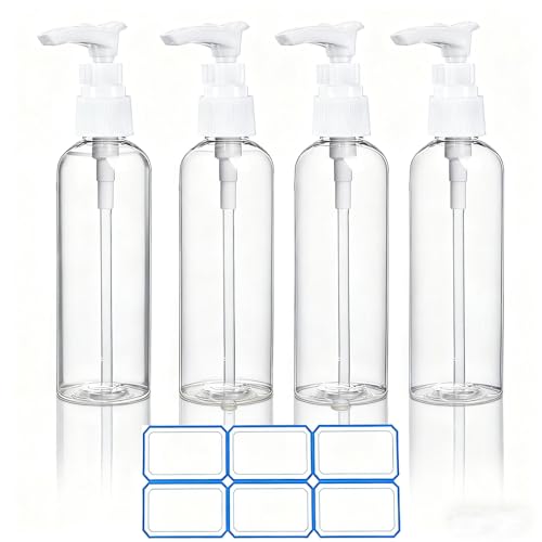 DTDNZKN 4 Pack 3.4 Oz (100ml) TSA Approved Travel Pump Bottles | Refillable Plastic Lotion Dispenser Leakproof Pump Bottle for Toiletries Clear Travel Size Bottles with Labels
