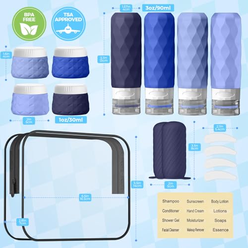 16Pack Travel Bottles for Toiletries, TSA Approved Travel Size Toiletries Containers Set, Silicone Leak Proof Refillable Bottles Elastic Sleeves Creams Jars Accessories Kit W/Clear Bag (Blue) - color: Blue