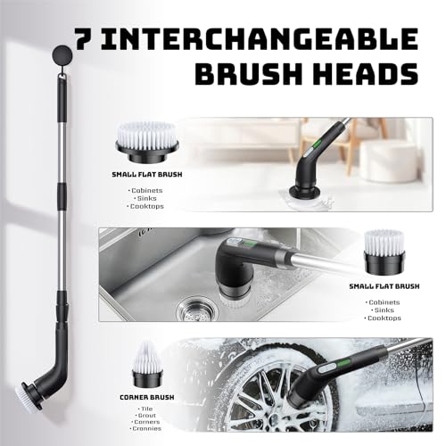Electric Spin Cleaning Brush, Comes with 7 Reusable Brush Attachments & Adjustable Extension Handle