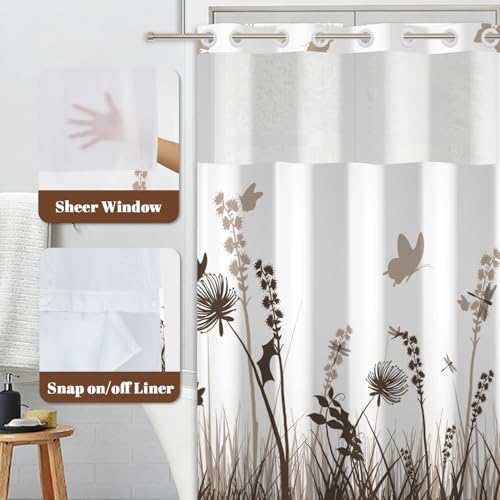No Hook Shower Curtain with Snap in Liner Set, Neutral Meadow & Wildflower with Butterflies Print Shower Curtains for Modern Farmhouse Bathroom, Floral Bath Curtain with Mesh Top, 71x74 Inch - color: Brown Botanical