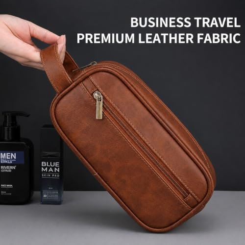 Men's Toiletry Bag, Vintage PU Leather Travel Shaving Case, 9.1" Lightweight Toiletries Organizer Pouch, Premium Grooming Gift for Husband Dad, Khaki (Khaki) - color: Khaki
