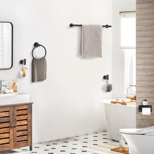 TQKAG 5 Piece Bathroom Towel Bar Holder Sets Matte Black Bathroom Hardware Set Stainless Steel Toilet Paper Holder with Shelf Bathroom Accessories Kit Wall Mounted - color: Matte Black, size: 5-Pieces Set-A