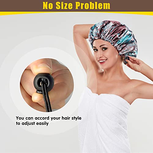 Fishent Shower Cap, Large Shower Caps for Women Reusable Double Layer Waterproof, Adjustable Extra Large Shower Cap for Long Hair and Braids（Cyan Print) - color: Cyan print, size: X-Large